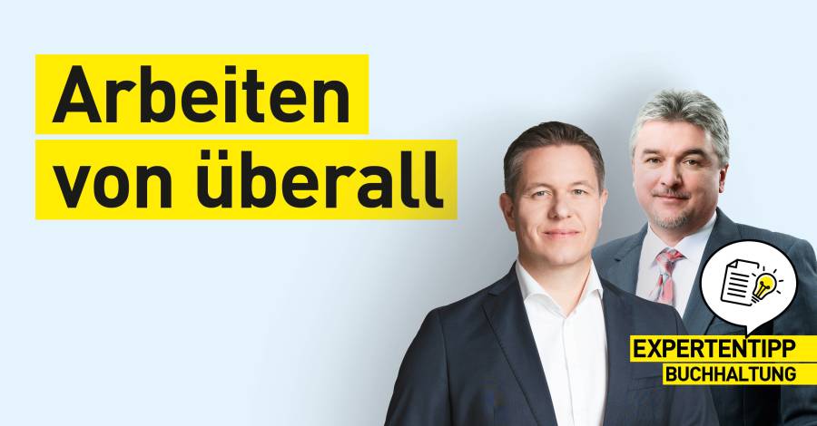 Zwei Männer mit Expertentipp-Hinweis zum Thema "Arbeiten von überall"